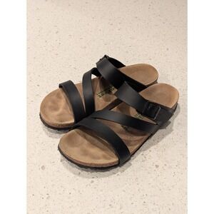 BioFeet Sandal Black Leather Cork Strappy‎ Women's Size 38 EU 8 US